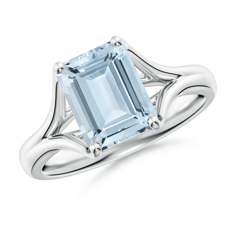 9x7mm A Classic Solitaire Emerald-Cut Aquamarine Split Shank Engagement Ring in S999 Silver 