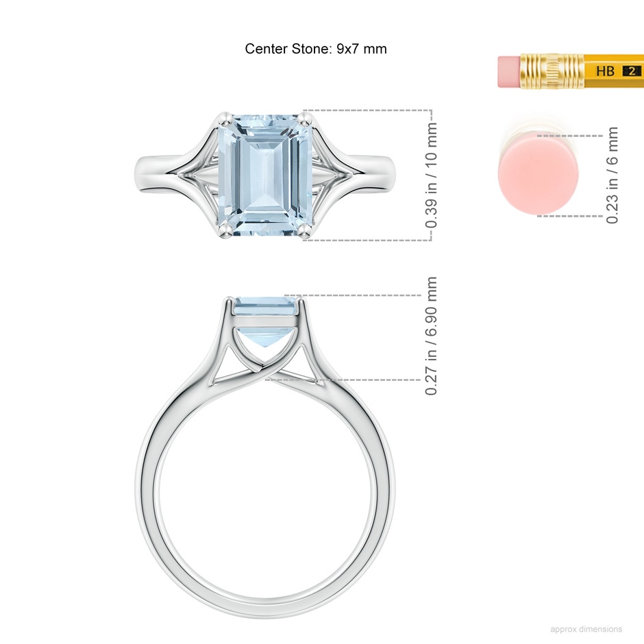 9x7mm A Classic Solitaire Emerald-Cut Aquamarine Split Shank Engagement Ring in S999 Silver ruler
