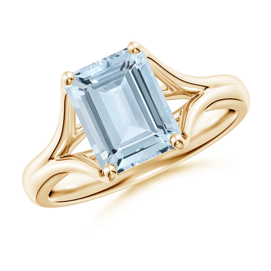 9x7mm A Classic Solitaire Emerald-Cut Aquamarine Split Shank Engagement Ring in Yellow Gold 