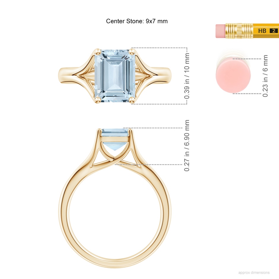 9x7mm A Classic Solitaire Emerald-Cut Aquamarine Split Shank Engagement Ring in Yellow Gold ruler