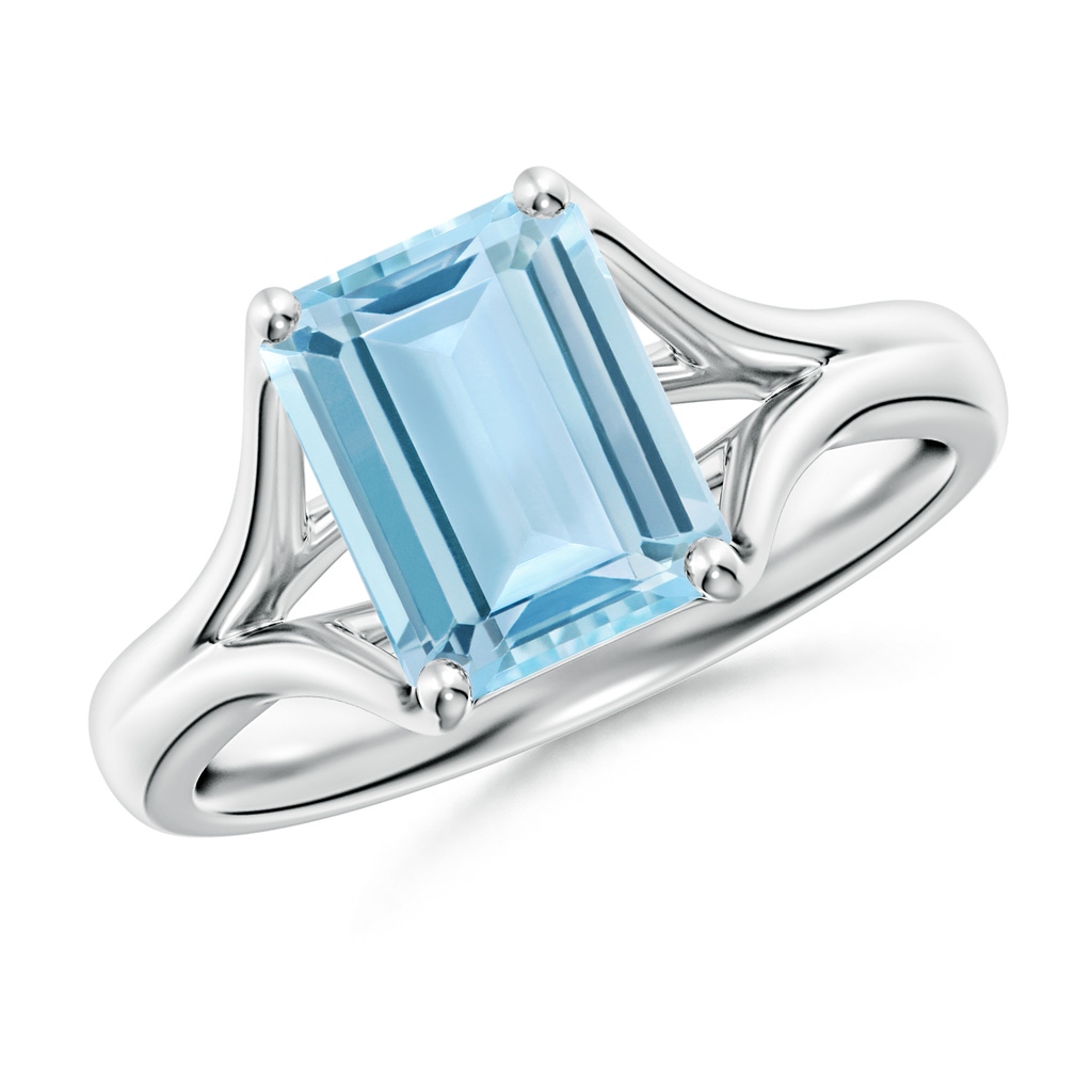 9x7mm AAA Classic Solitaire Emerald-Cut Aquamarine Split Shank Engagement Ring in White Gold