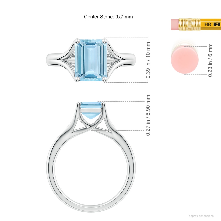 9x7mm AAA Classic Solitaire Emerald-Cut Aquamarine Split Shank Engagement Ring in White Gold ruler