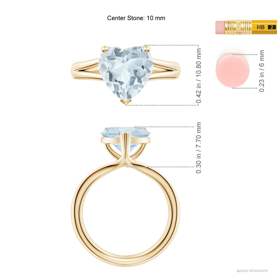 10mm A Classic Solitaire Heart-Shaped Aquamarine Split Shank Engagement Ring in 18K Yellow Gold ruler