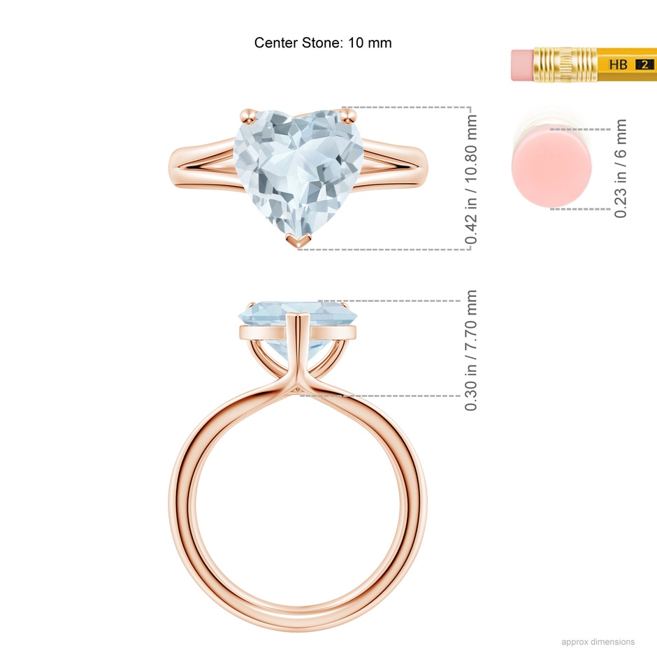 10mm A Classic Solitaire Heart-Shaped Aquamarine Split Shank Engagement Ring in Rose Gold ruler