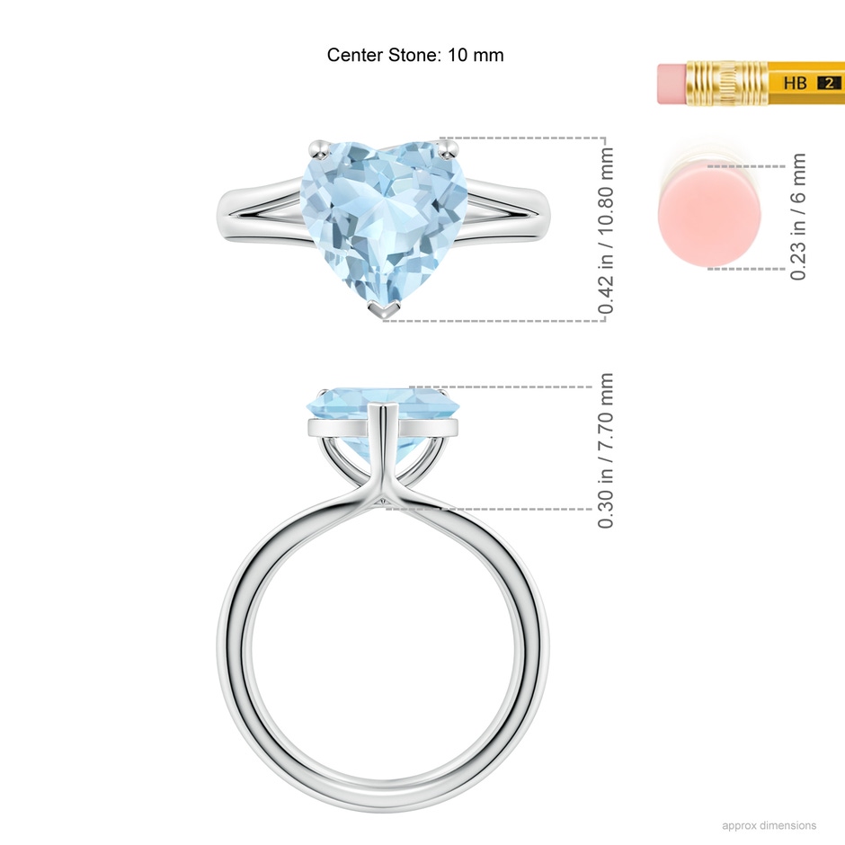 10mm AA Classic Solitaire Heart-Shaped Aquamarine Split Shank Engagement Ring in White Gold ruler
