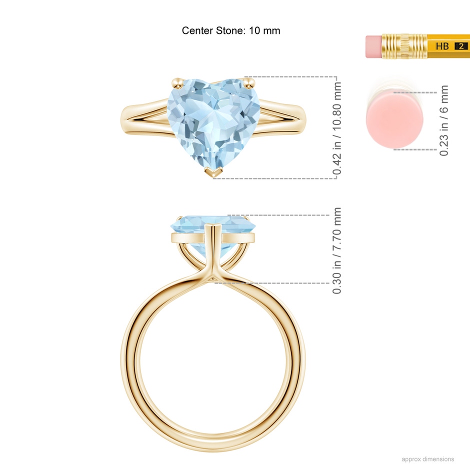 10mm AA Classic Solitaire Heart-Shaped Aquamarine Split Shank Engagement Ring in Yellow Gold ruler