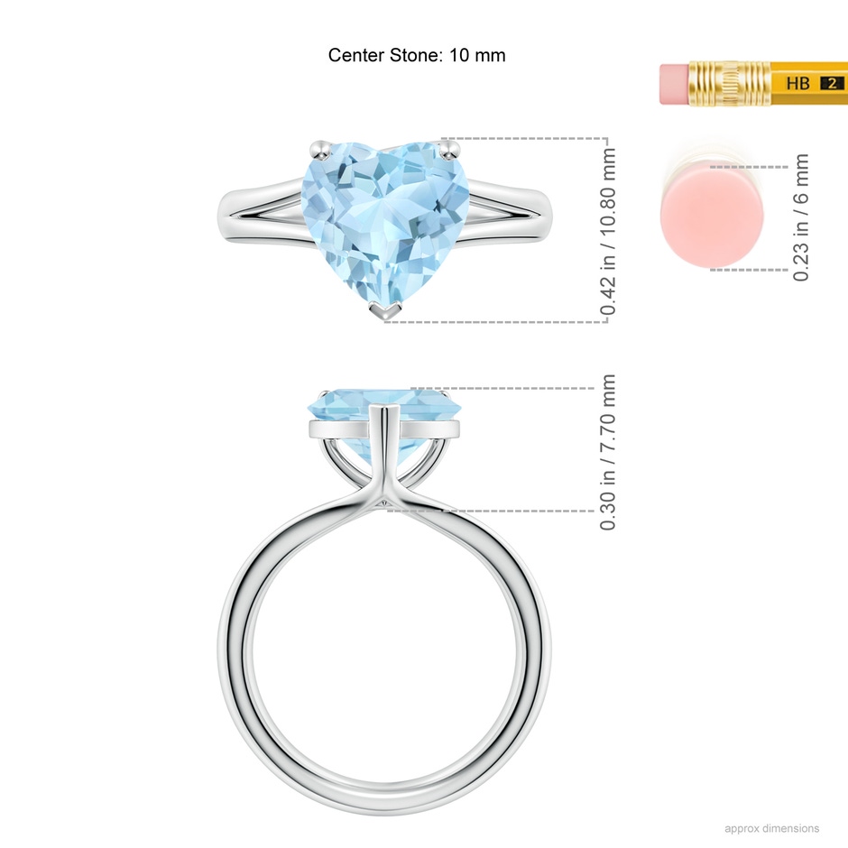 10mm AAA Classic Solitaire Heart-Shaped Aquamarine Split Shank Engagement Ring in White Gold ruler