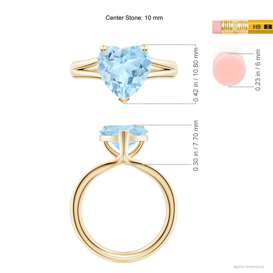 10mm AAA Classic Solitaire Heart-Shaped Aquamarine Split Shank Engagement Ring in Yellow Gold ruler
