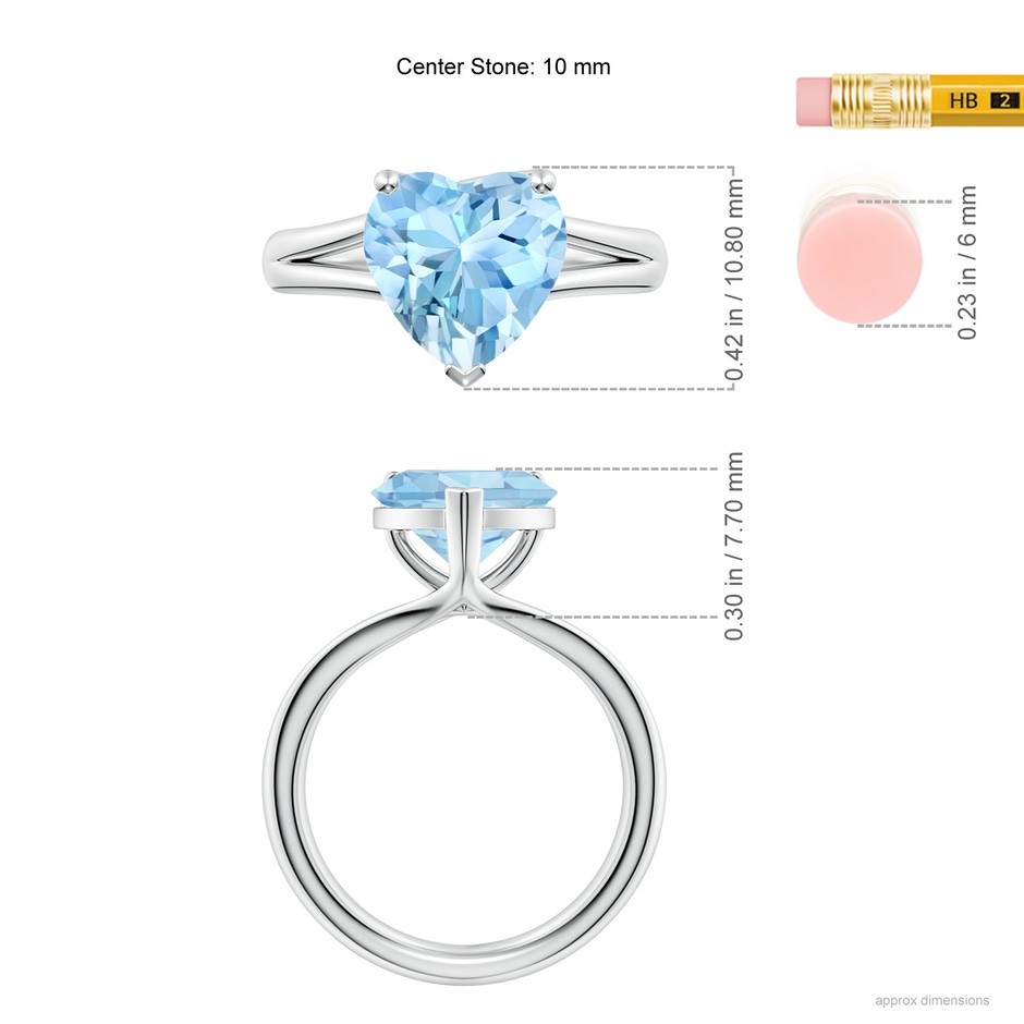 10mm AAAA Classic Solitaire Heart-Shaped Aquamarine Split Shank Engagement Ring in S999 Silver ruler