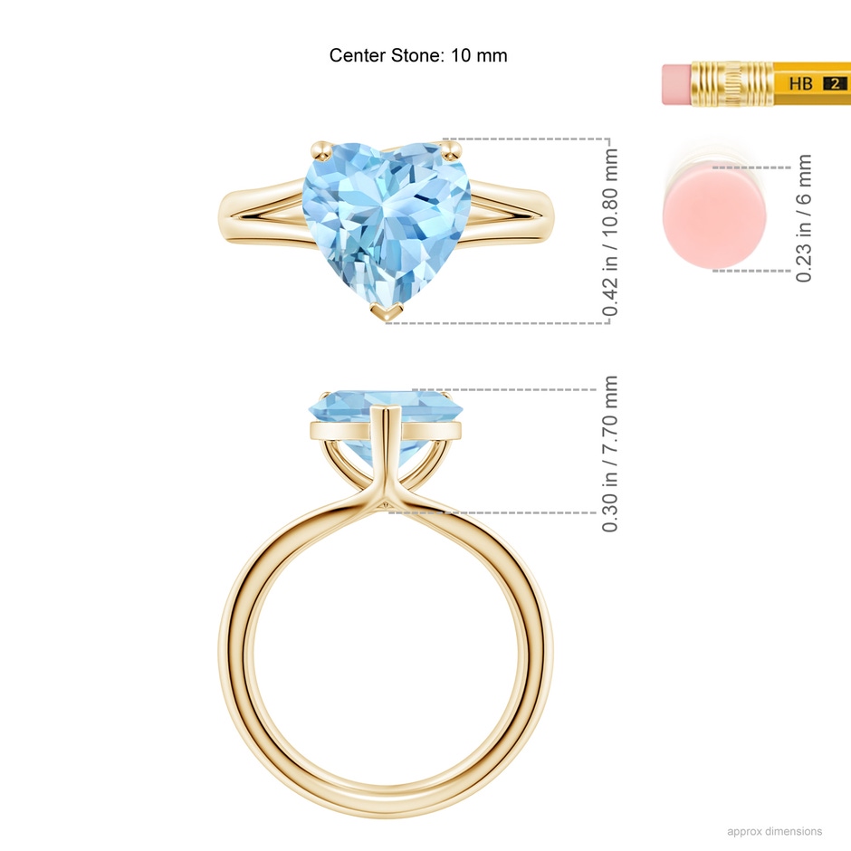 10mm AAAA Classic Solitaire Heart-Shaped Aquamarine Split Shank Engagement Ring in Yellow Gold ruler
