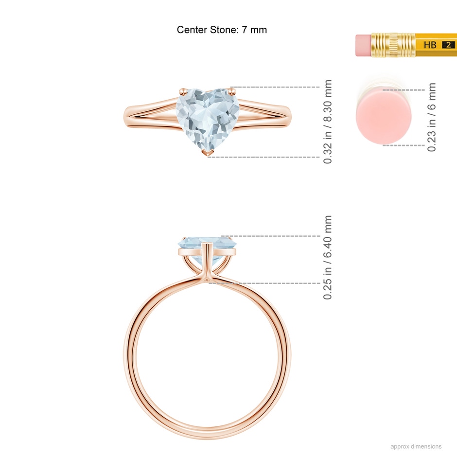 7mm A Classic Solitaire Heart-Shaped Aquamarine Split Shank Engagement Ring in Rose Gold ruler