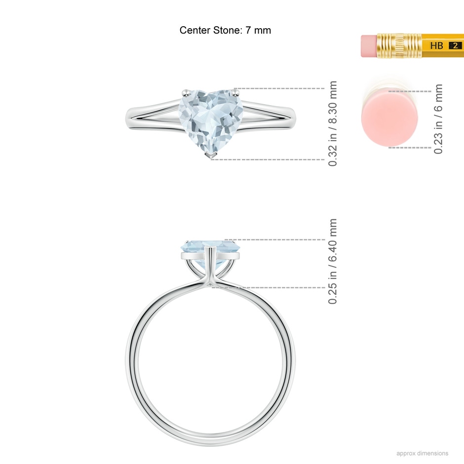 7mm A Classic Solitaire Heart-Shaped Aquamarine Split Shank Engagement Ring in S999 Silver ruler