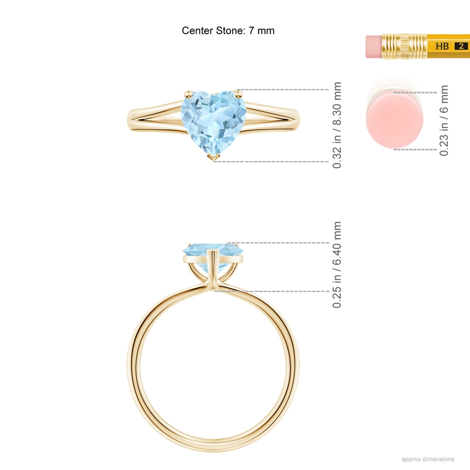 7mm AAA Classic Solitaire Heart-Shaped Aquamarine Split Shank Engagement Ring in Yellow Gold ruler