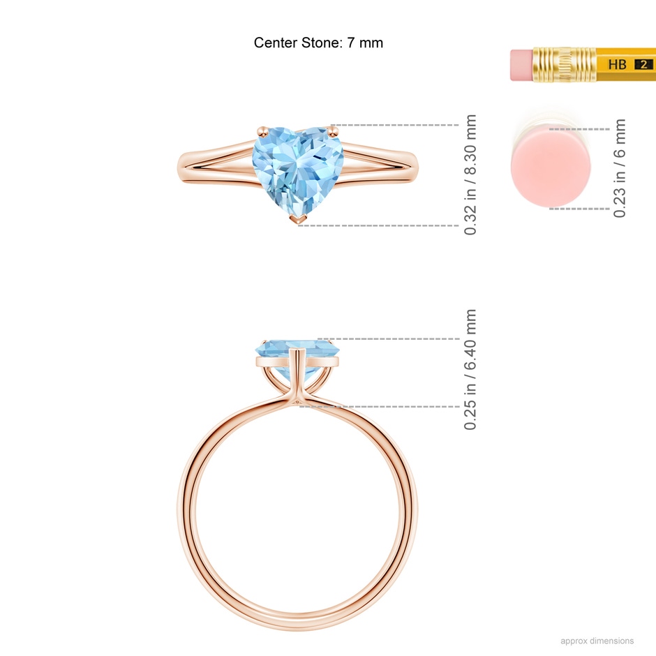 7mm AAAA Classic Solitaire Heart-Shaped Aquamarine Split Shank Engagement Ring in Rose Gold ruler