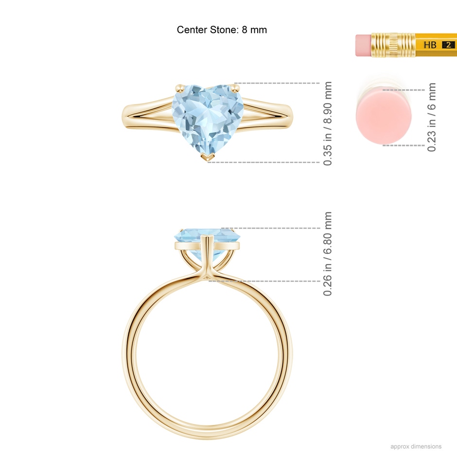 8mm AA Classic Solitaire Heart-Shaped Aquamarine Split Shank Engagement Ring in 18K Yellow Gold ruler