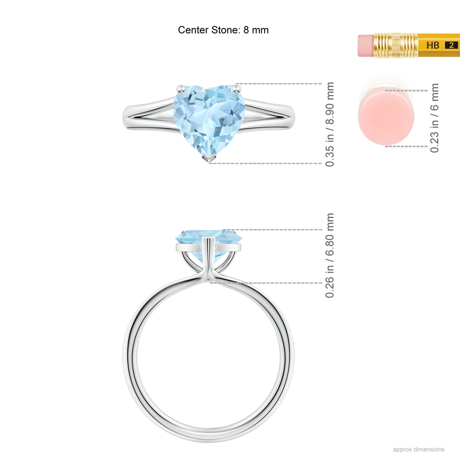 8mm AAA Classic Solitaire Heart-Shaped Aquamarine Split Shank Engagement Ring in 9K White Gold ruler
