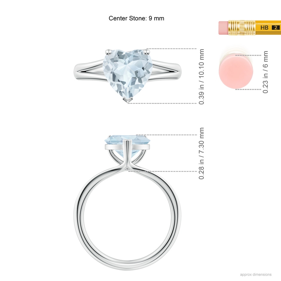 9mm A Classic Solitaire Heart-Shaped Aquamarine Split Shank Engagement Ring in S999 Silver ruler