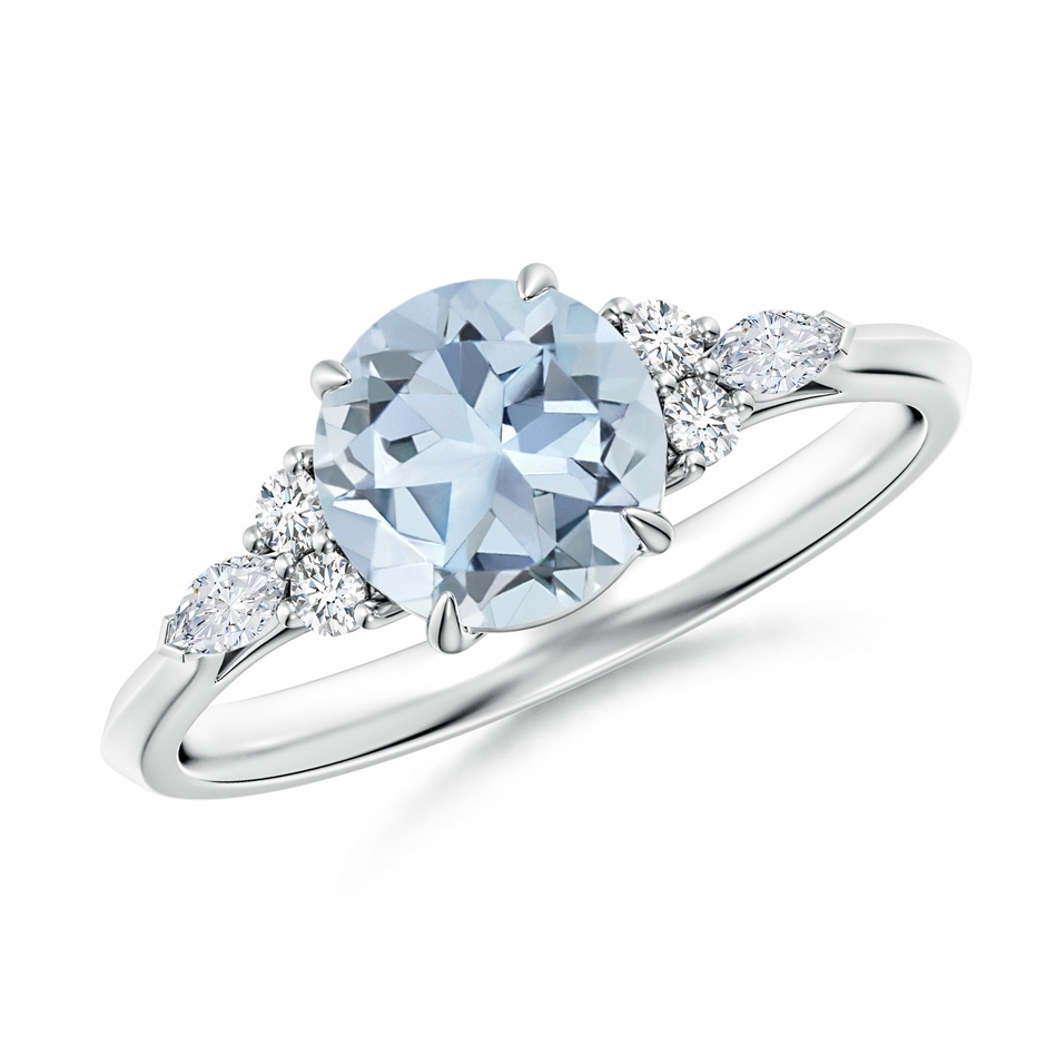 7mm A Round Aquamarine Side Stone Engagement Ring with Diamonds in S999 Silver 