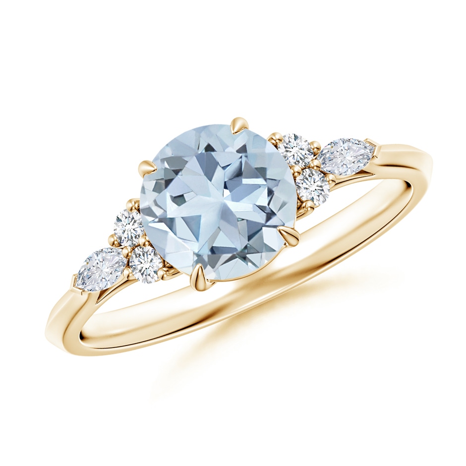 7mm A Round Aquamarine Side Stone Engagement Ring with Diamonds in Yellow Gold 