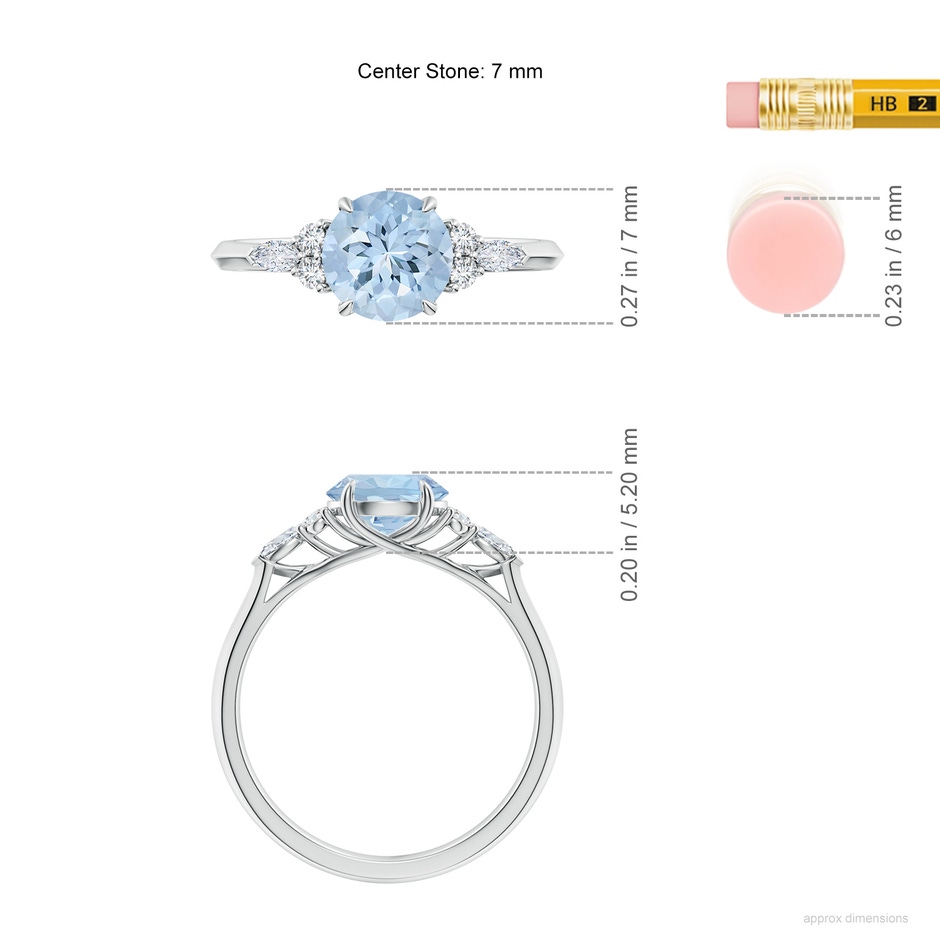 7mm AA Round Aquamarine Side Stone Engagement Ring with Diamonds in S999 Silver ruler