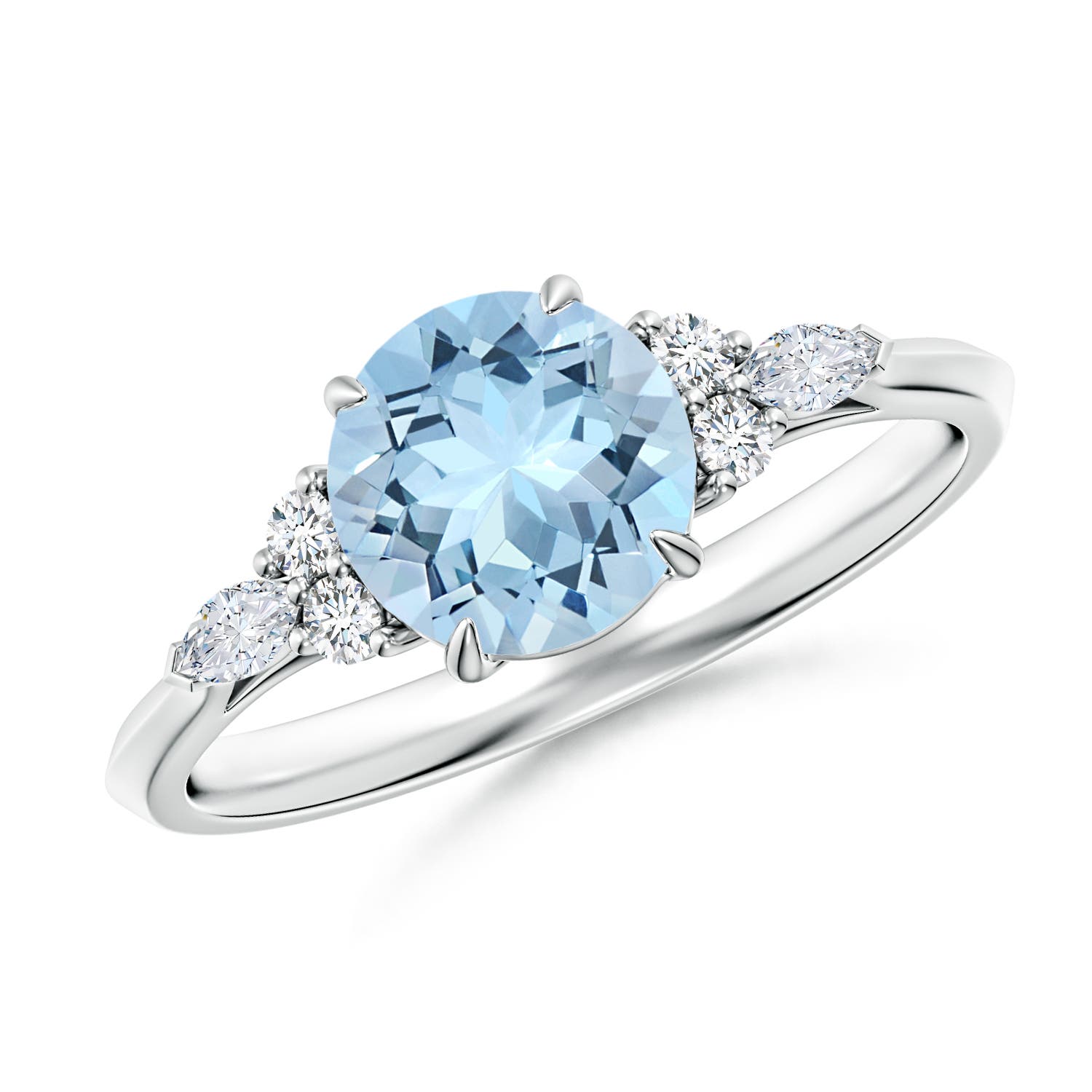 7mm AAA Round Aquamarine Side Stone Engagement Ring with Diamonds in P950 Platinum
