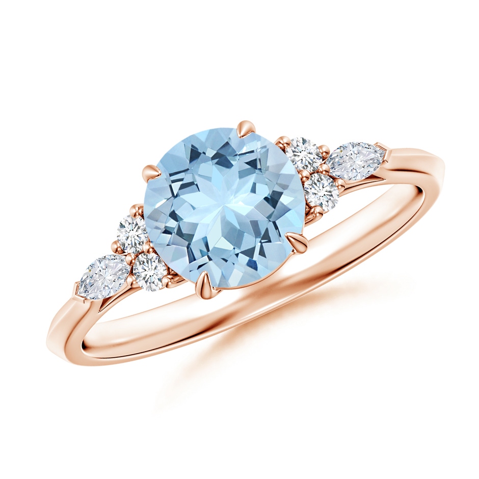 7mm AAA Round Aquamarine Side Stone Engagement Ring with Diamonds in Rose Gold 