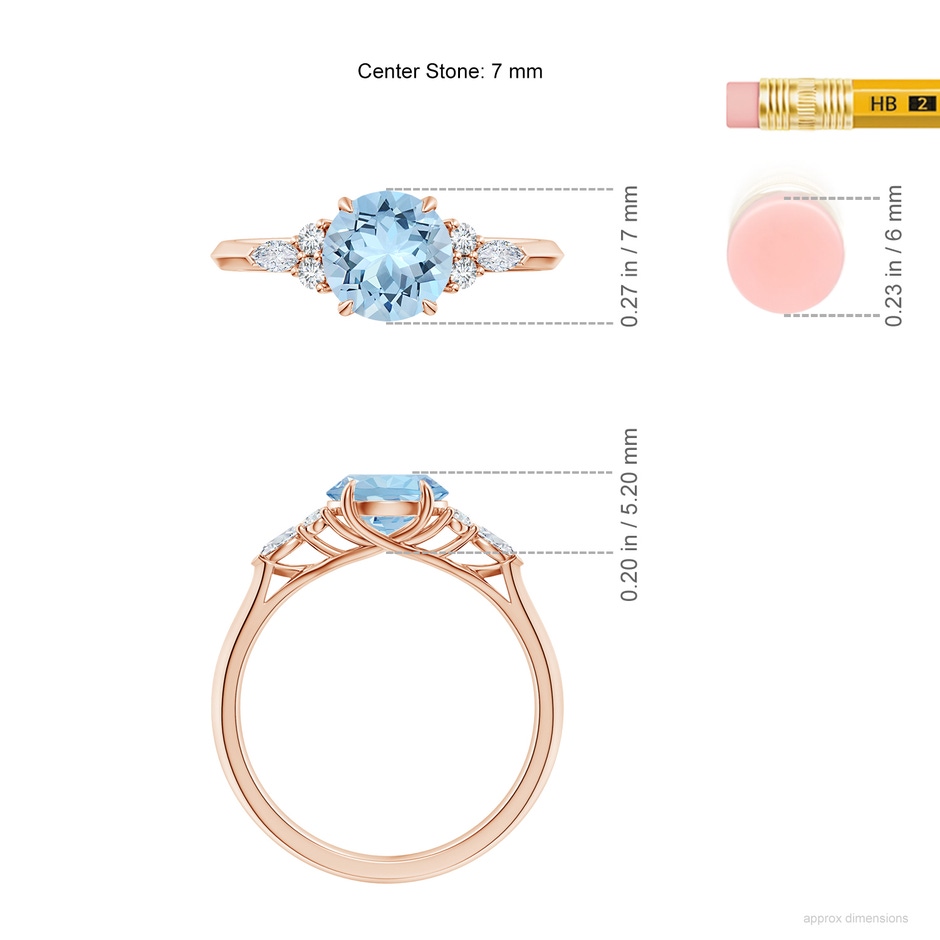 7mm AAA Round Aquamarine Side Stone Engagement Ring with Diamonds in Rose Gold ruler