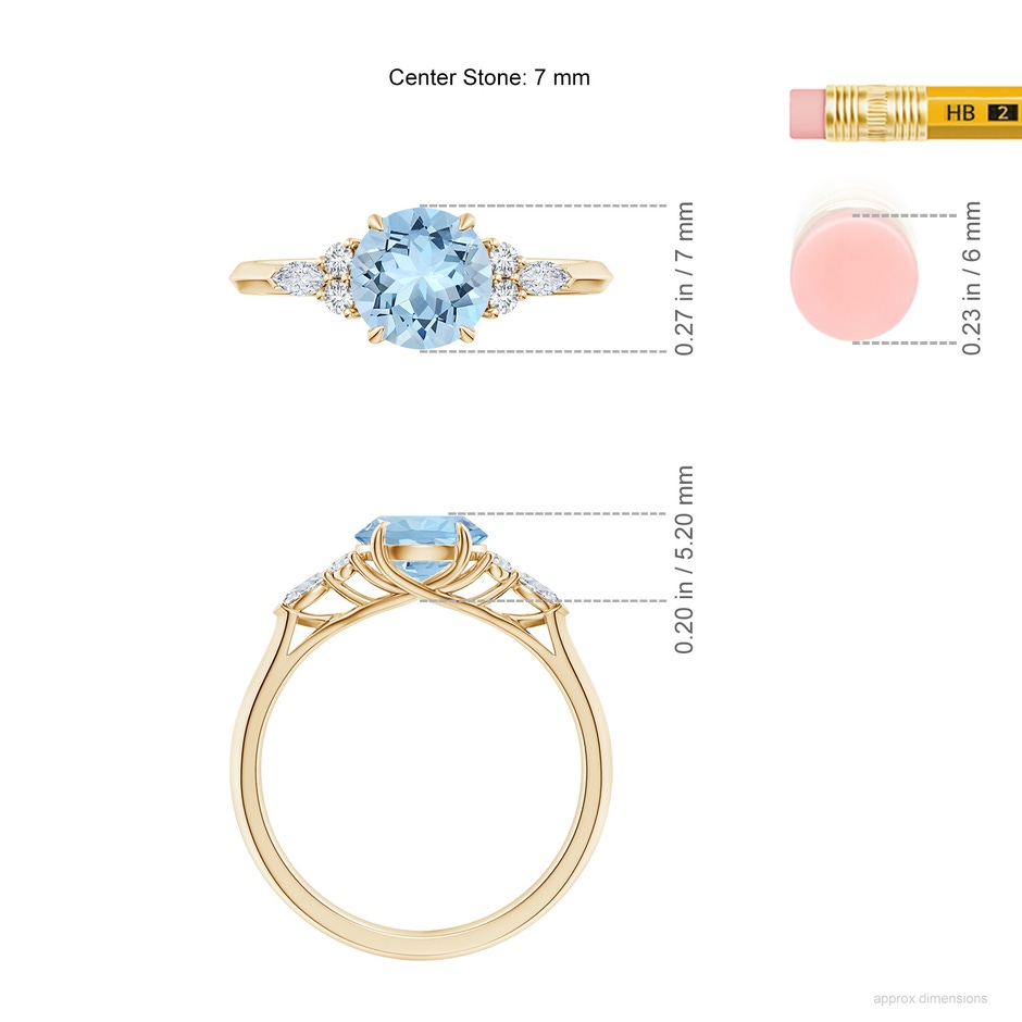 7mm AAA Round Aquamarine Side Stone Engagement Ring with Diamonds in Yellow Gold ruler