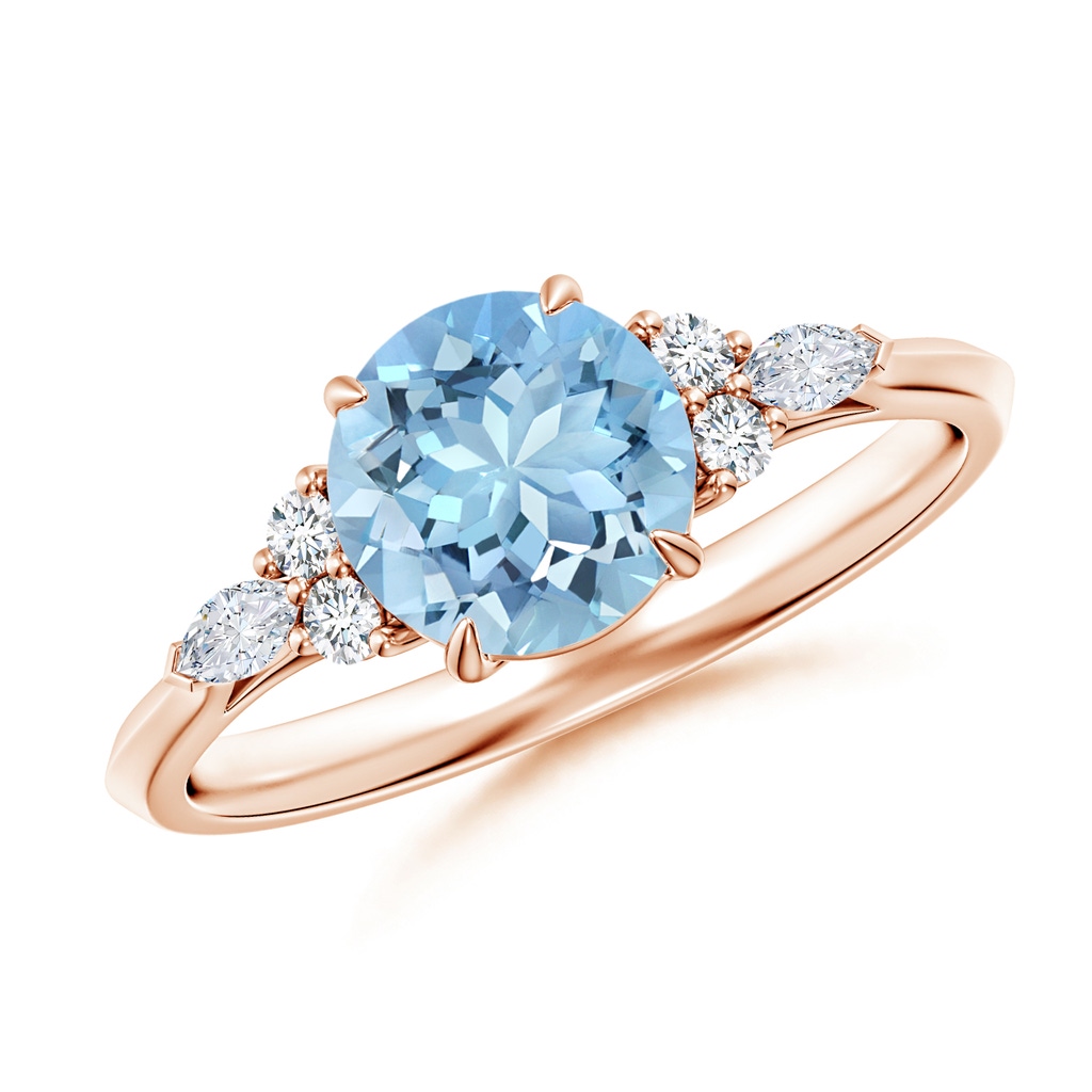 7mm AAAA Round Aquamarine Side Stone Engagement Ring with Diamonds in Rose Gold