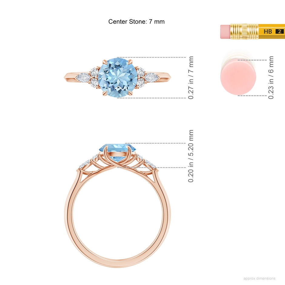 7mm AAAA Round Aquamarine Side Stone Engagement Ring with Diamonds in Rose Gold ruler