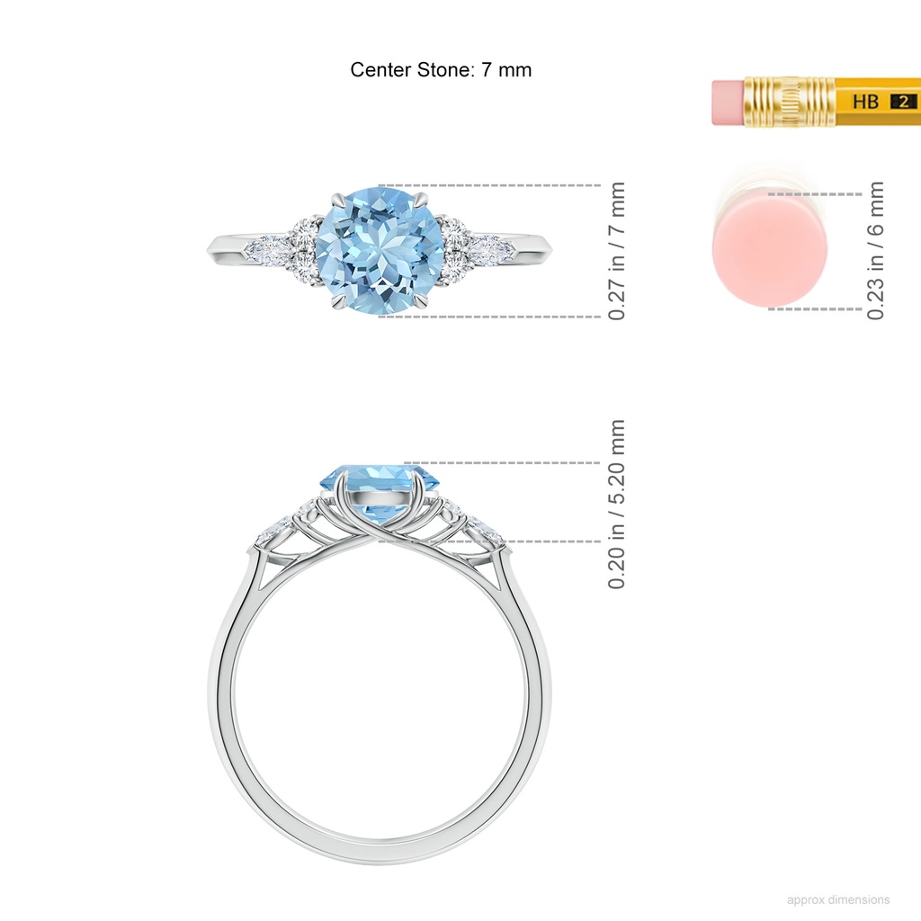 7mm AAAA Round Aquamarine Side Stone Engagement Ring with Diamonds in S999 Silver ruler