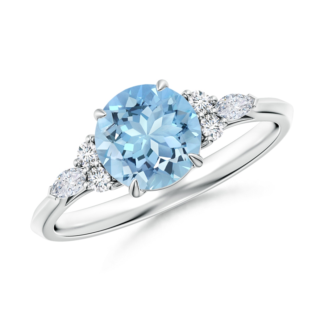 7mm AAAA Round Aquamarine Side Stone Engagement Ring with Diamonds in White Gold