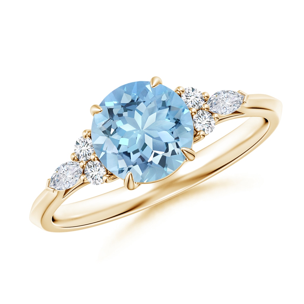 7mm AAAA Round Aquamarine Side Stone Engagement Ring with Diamonds in Yellow Gold