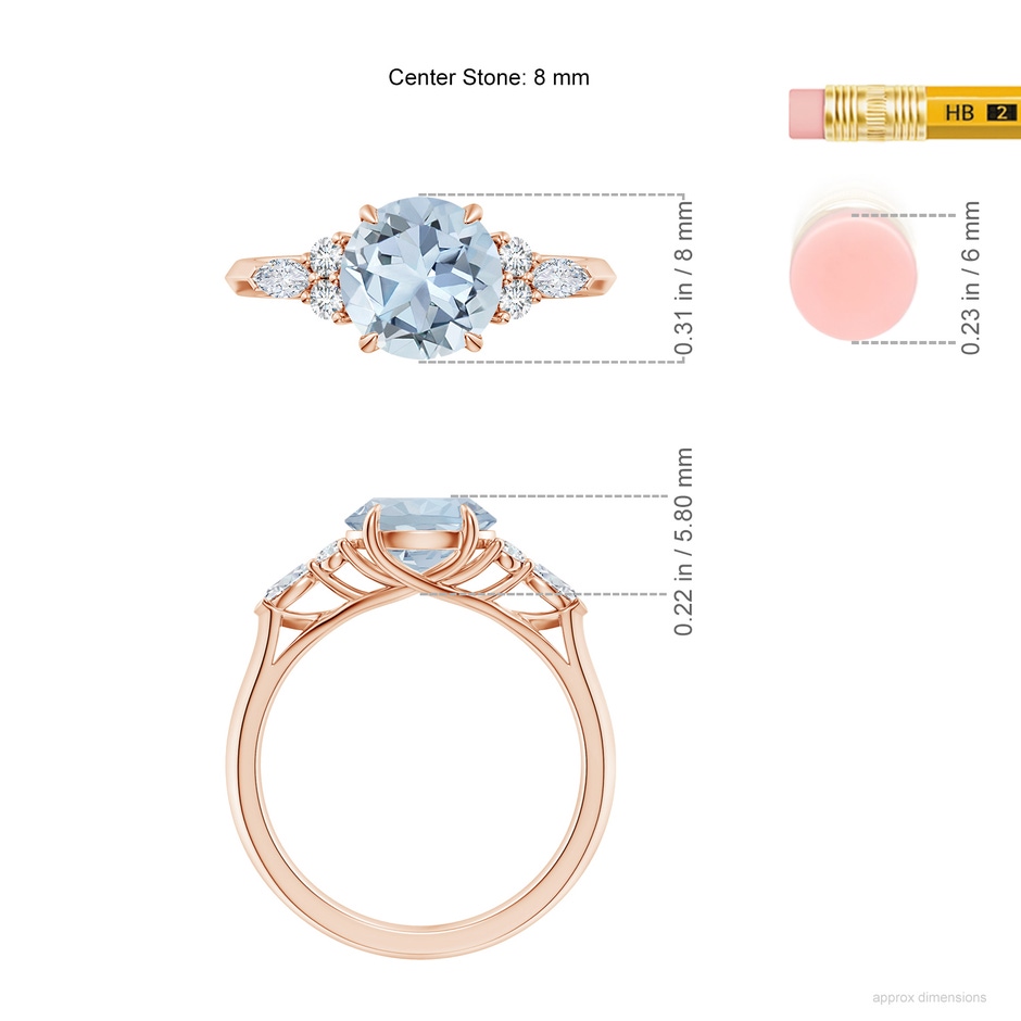 8mm A Round Aquamarine Side Stone Engagement Ring with Diamonds in Rose Gold ruler