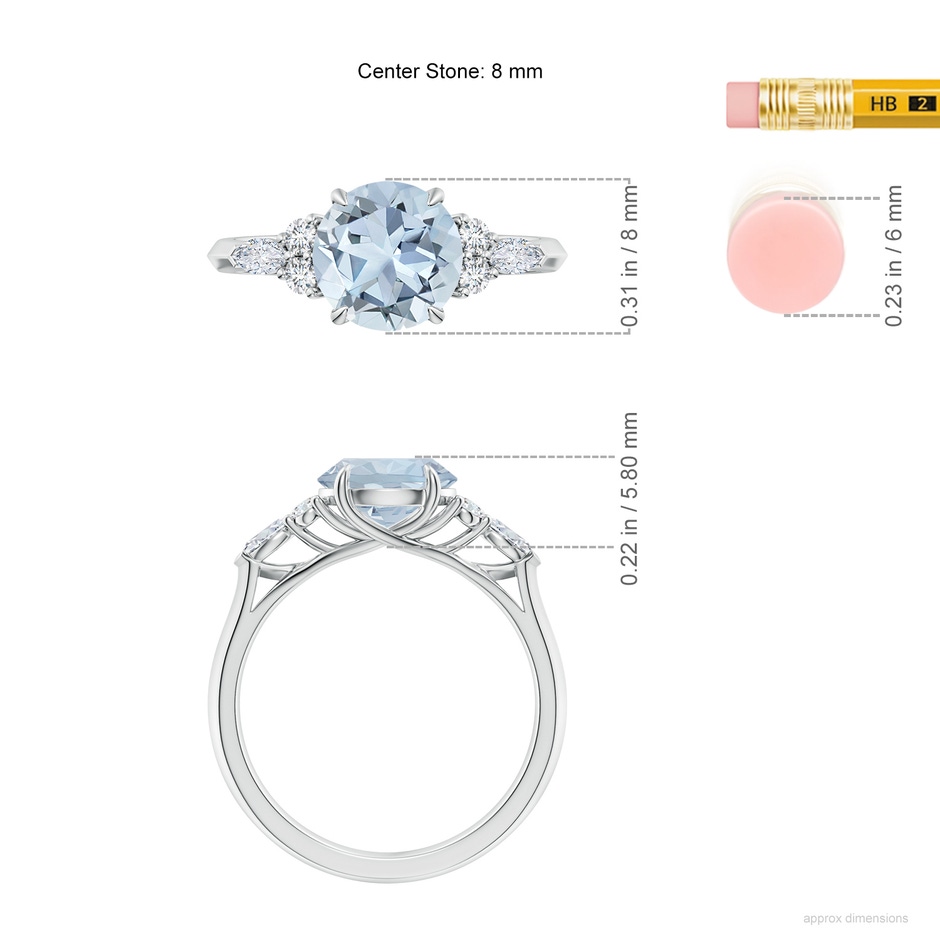 8mm A Round Aquamarine Side Stone Engagement Ring with Diamonds in White Gold ruler
