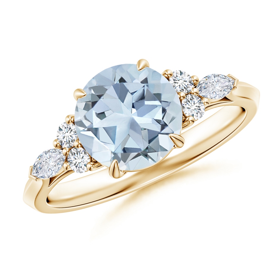 8mm A Round Aquamarine Side Stone Engagement Ring with Diamonds in Yellow Gold 