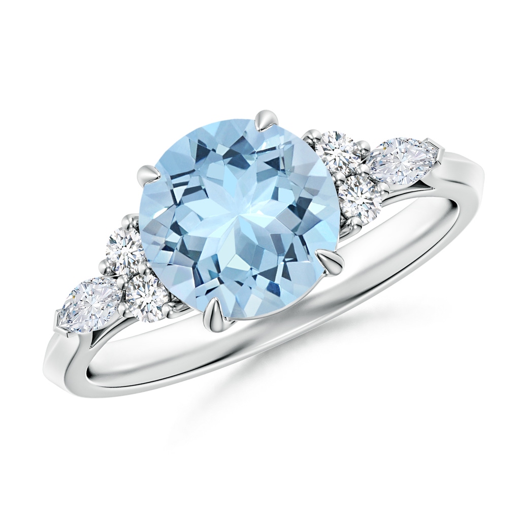 8mm AAA Round Aquamarine Side Stone Engagement Ring with Diamonds in P950 Platinum