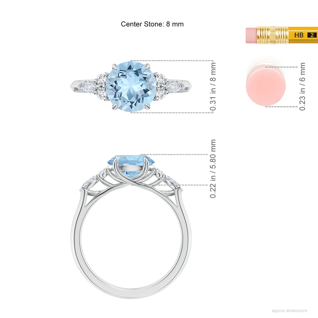 8mm AAA Round Aquamarine Side Stone Engagement Ring with Diamonds in P950 Platinum ruler