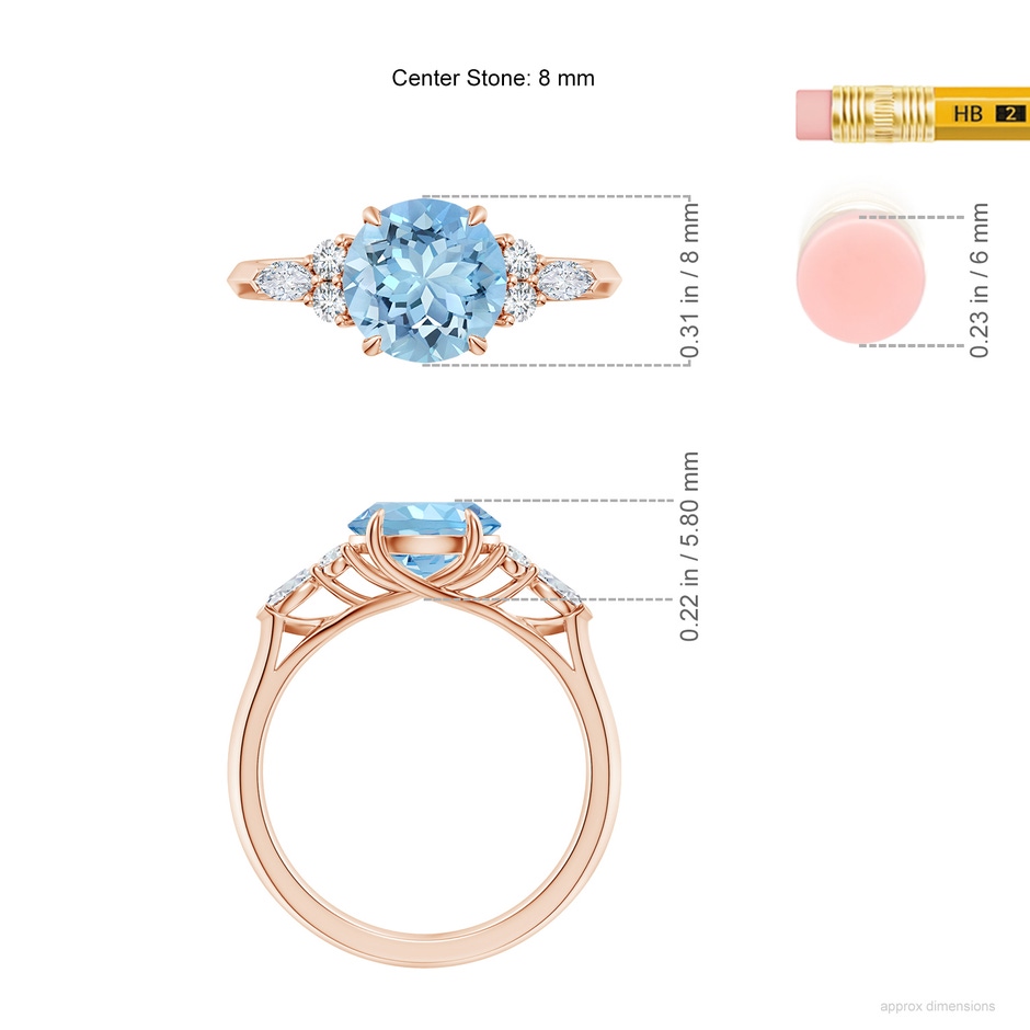 8mm AAAA Round Aquamarine Side Stone Engagement Ring with Diamonds in Rose Gold ruler