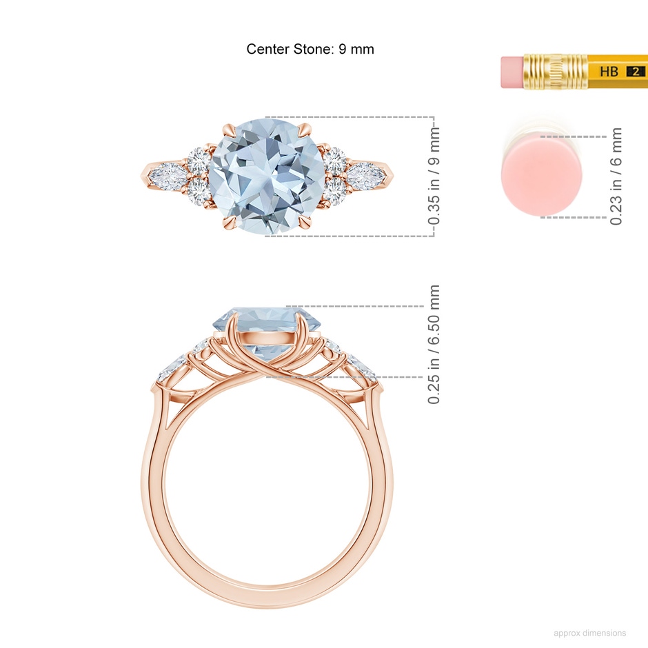9mm A Round Aquamarine Side Stone Engagement Ring with Diamonds in Rose Gold ruler