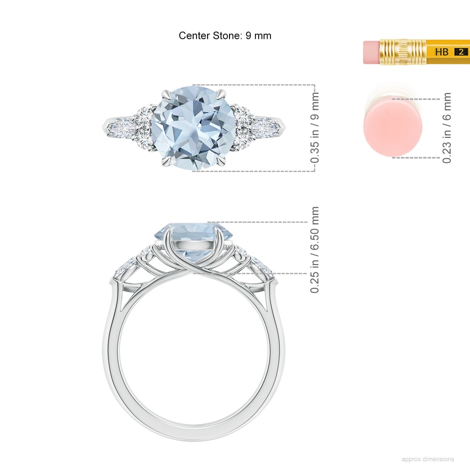 9mm A Round Aquamarine Side Stone Engagement Ring with Diamonds in White Gold ruler