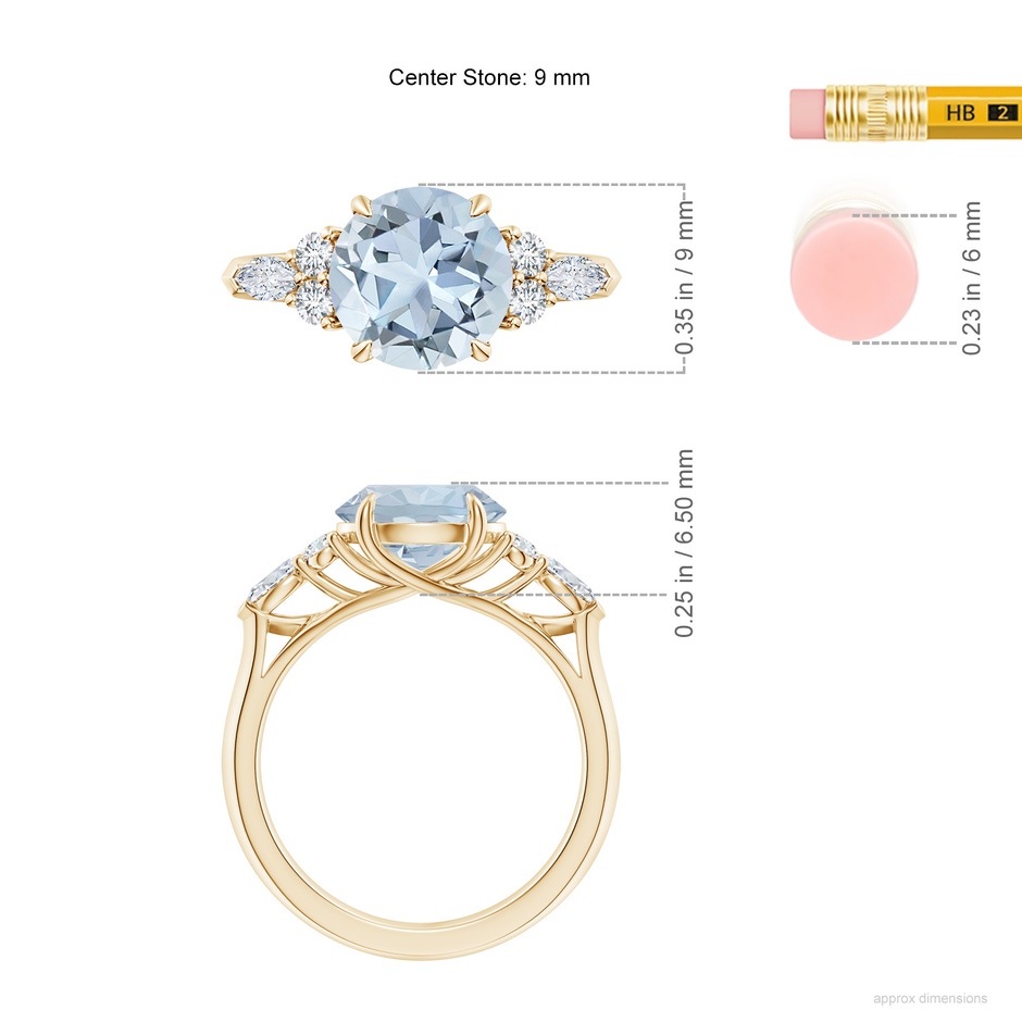 9mm A Round Aquamarine Side Stone Engagement Ring with Diamonds in Yellow Gold ruler