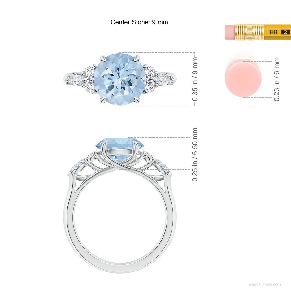 9mm AA Round Aquamarine Side Stone Engagement Ring with Diamonds in White Gold ruler