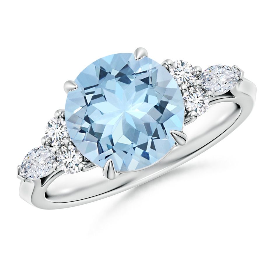 9mm AAA Round Aquamarine Side Stone Engagement Ring with Diamonds in P950 Platinum 