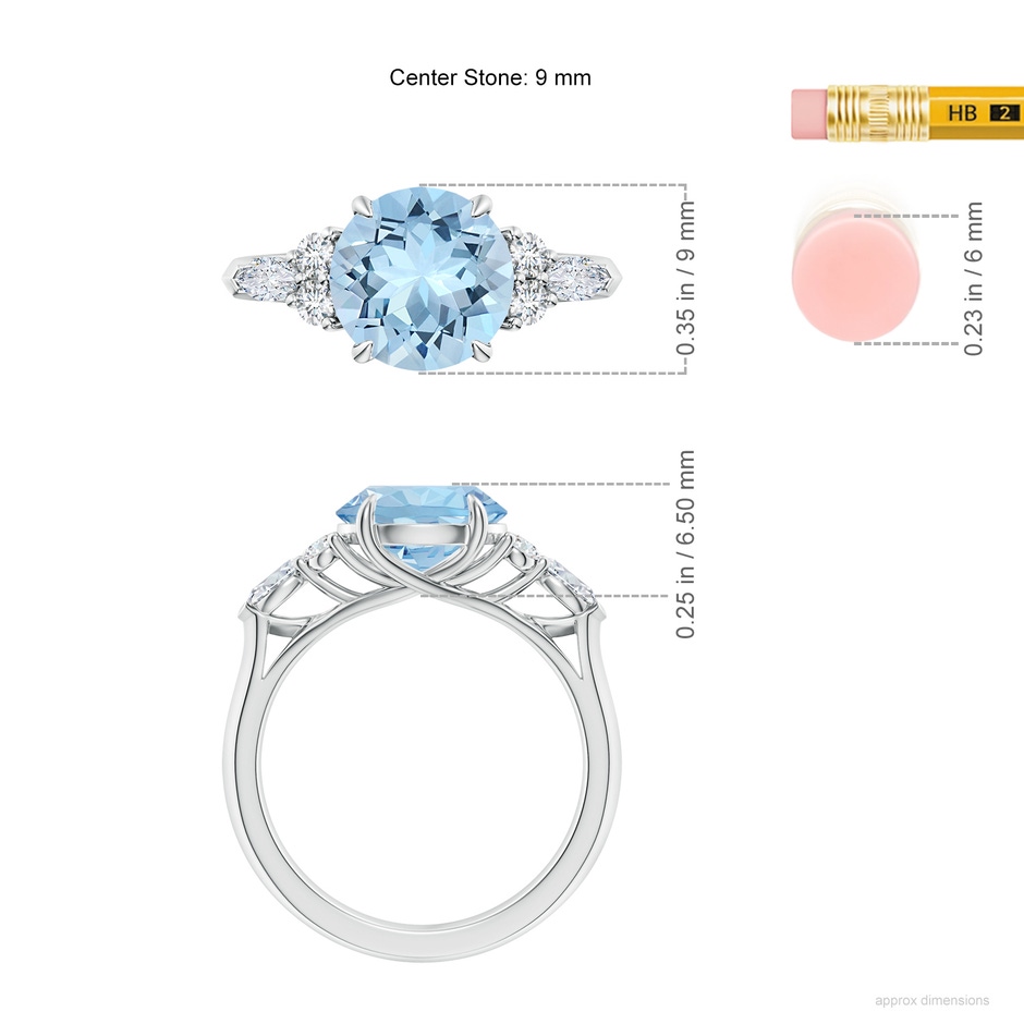 9mm AAA Round Aquamarine Side Stone Engagement Ring with Diamonds in P950 Platinum ruler