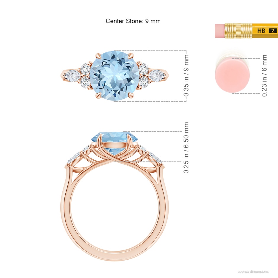 9mm AAA Round Aquamarine Side Stone Engagement Ring with Diamonds in Rose Gold ruler