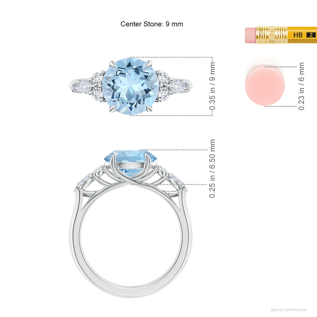 9mm AAA Round Aquamarine Side Stone Engagement Ring with Diamonds in White Gold ruler