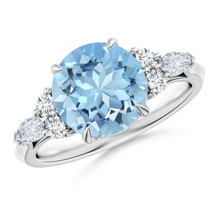 9mm AAAA Round Aquamarine Side Stone Engagement Ring with Diamonds in P950 Platinum