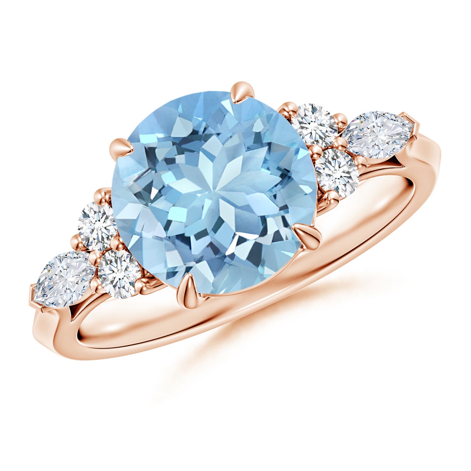 9mm AAAA Round Aquamarine Side Stone Engagement Ring with Diamonds in Rose Gold