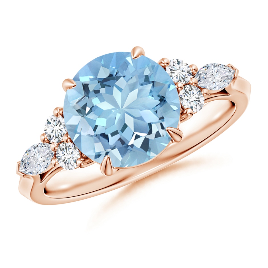 9mm AAAA Round Aquamarine Side Stone Engagement Ring with Diamonds in Rose Gold 